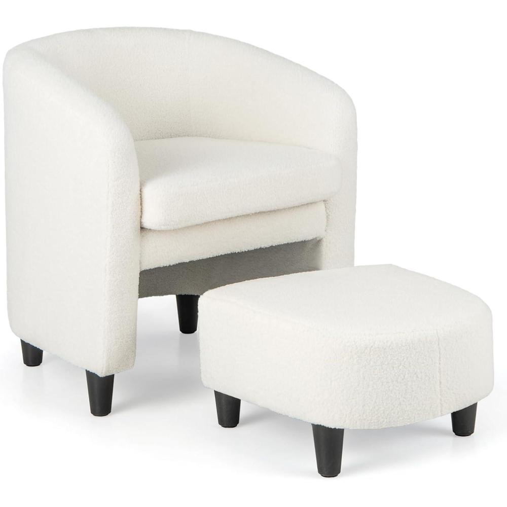 image:imageGiantex Modern Mid Century Accent Chair with Ottoman Upholstered Sherpa Chair wFootrest Soft Teddy Velvet Solid Wood Frame Barrel Club Chair for Small Spaces Living Room Bedroom Beige