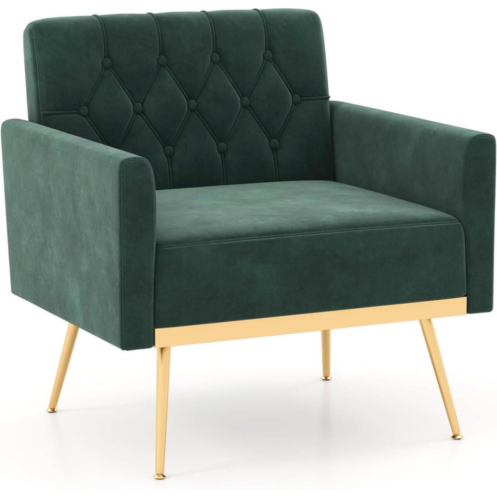 image:imageGiantex Modern Velvet Accent Chair MidCentury Upholstered Single Sofa Chair wButton Tufted Back Golden Metal Legs Adjustable Foot Pads Comfy Living Room Armchair for Bedroom PinkDark Green