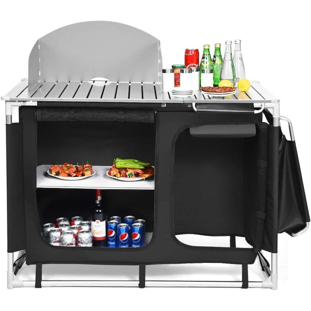 image:imageGiantex Outdoor Camping Kitchen Table Portable Camping Grill Table with Windscreen and Remove Sink Outdoor Camping Cook Station for BBQ Party Picnics Backyard ActivitiesBlack