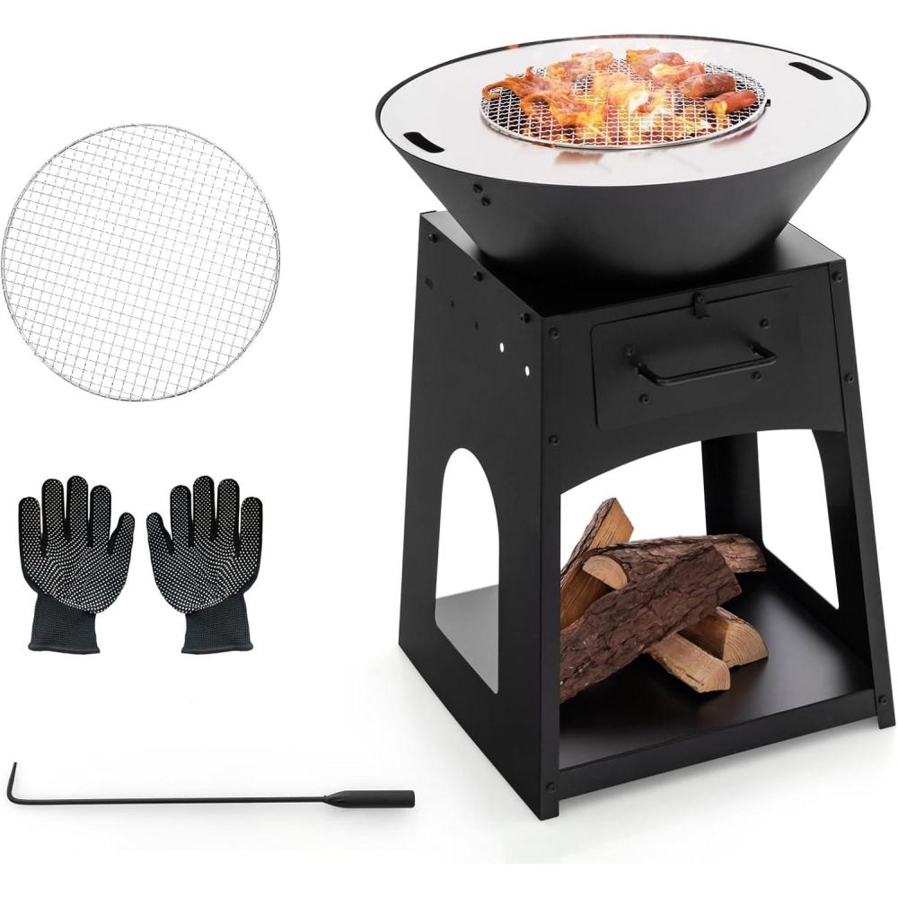 image:imageGiantex Outdoor Fire Pit with Grill Heavy Duty Wood Burning Fire Pit wFire Poker Gloves Grilling Rack Large Storage Compartment 2in1 BBQ FirePit for Outside Backyard Patio Black