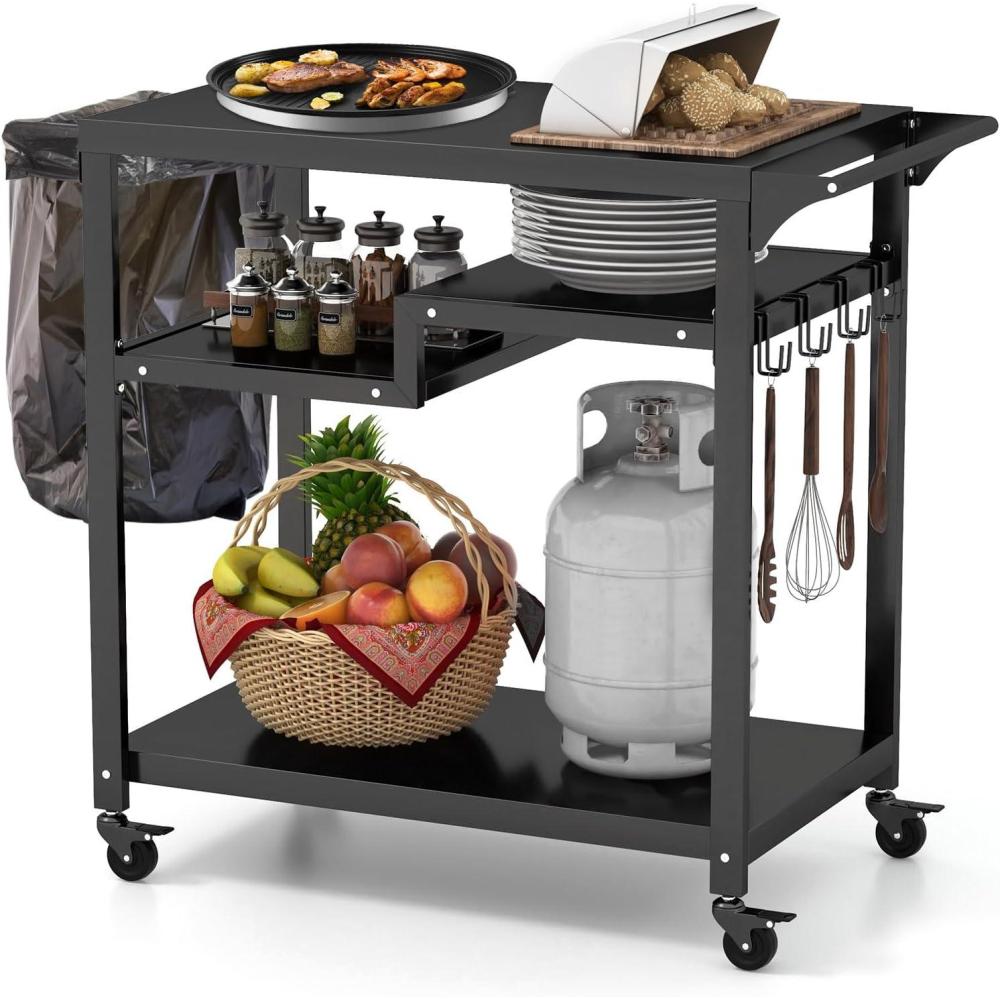 image:imageGiantex Outdoor Grill Cart  Pizza Oven Stand Table with Lockable Wheels ThreeShelf Outdoor Cooking Prep Table with Garbage Bag Holder Removable Hooks Movable Dining Cart for Kitchen BBQ PartyThreeShelf