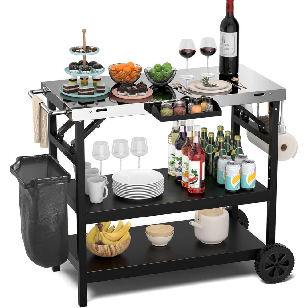 image:imageGiantex Outdoor Grill Cart with Wheels Food Prep Table with 3 Storage Shelves Detachable Spice Rack Garbage Bag Holder 4 Hooks Movable Dining Cart Worktable Trolley for Outside Kitchen BBQ