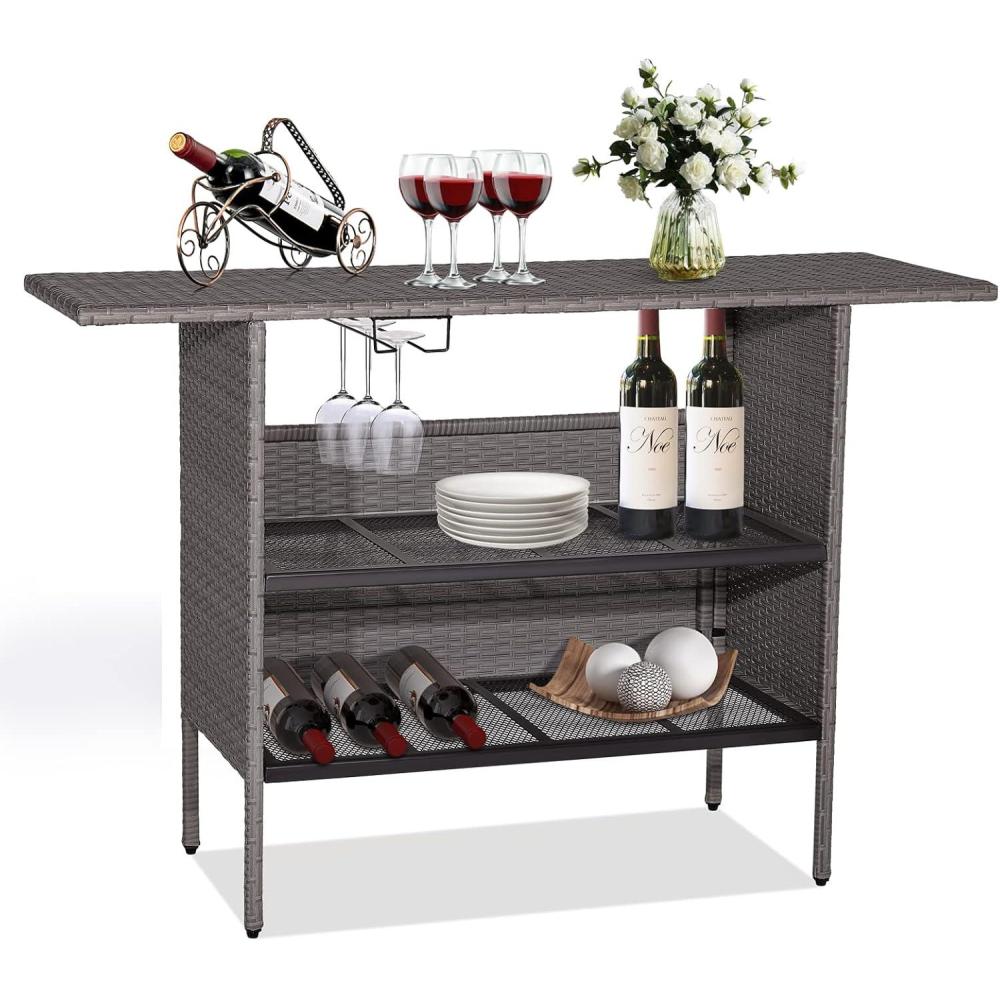 image:imageGiantex Outdoor Patio Wicker Bar Table 2 Storage Shelves 55W Tabletop Rails for Hanging Wine Glasses HeavyDuty Metal Frame Bistro Rattan Bar Counter Table for Poolside Backyard Mix GrayMix Gray