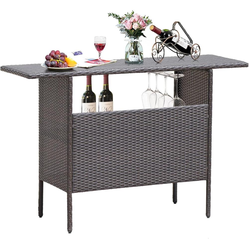 image:imageGiantex Outdoor Patio Wicker Bar Table 2 Storage Shelves 55W Tabletop Rails for Hanging Wine Glasses HeavyDuty Metal Frame Bistro Rattan Bar Counter Table for Poolside Backyard Mix GrayMix Brown