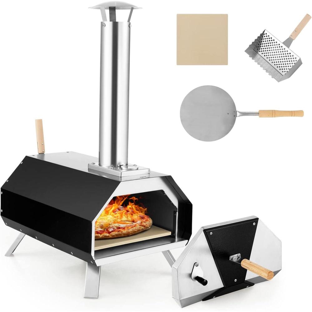 image:imageGiantex Outdoor Pizza Oven Wood Pellet Fired Grill With 12 Stone Peel Foldable Legs Portable Stainless Steel Maker for Camping Backyard Cooking Black amp SilverBlack Silver
