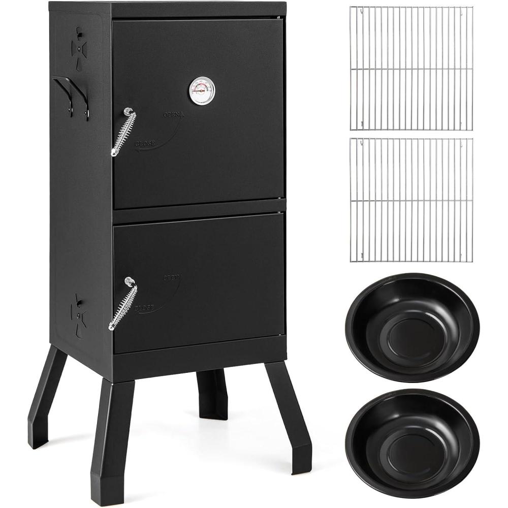 image:imageGiantex Outdoor Smoker with Double Doors 2 Detachable Grill Netting Smoking Racks Charcoal Pan amp Water Pan 4 Air Vents Thermometer Vertical Charcoal Smoker for Barbecue Camping Backyard GrillBlack