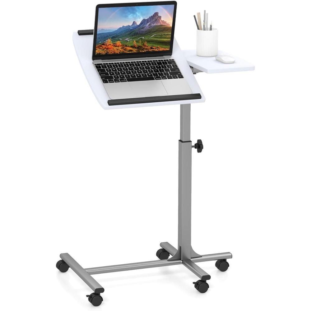 image:imageGiantex Overbed Table with Wheels Medical Adjustable Bedside Table Mobile Standing Desk Portable Laptop Table for Small Spaces Bed Trays Table for Eating Home Hospital BlackWhite