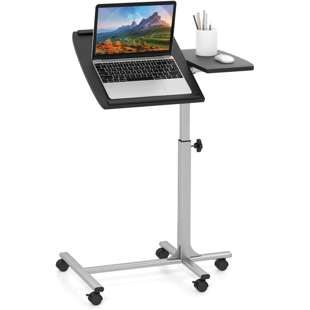image:imageGiantex Overbed Table with Wheels Medical Adjustable Bedside Table Mobile Standing Desk Portable Laptop Table for Small Spaces Bed Trays Table for Eating Home Hospital BlackBlack