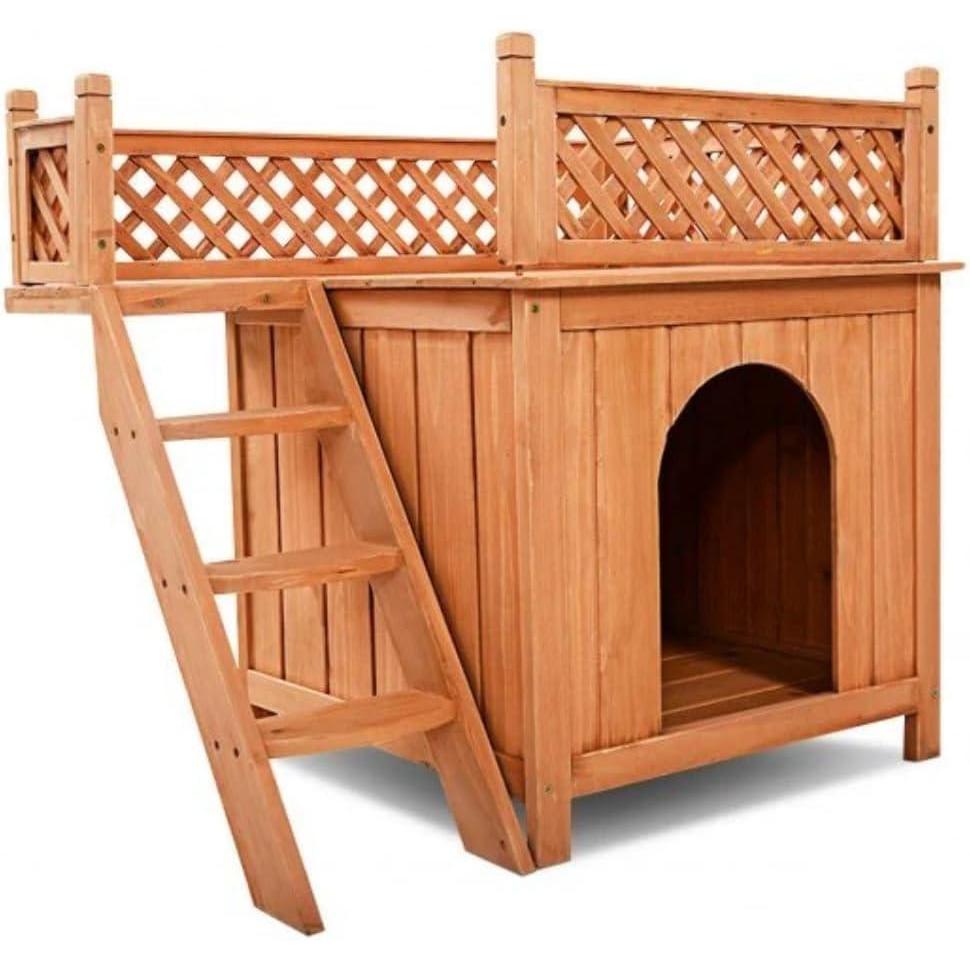 image:imageGiantex Pet Dog House Wooden Dog Room Shelter with Stairs Raised Roof and Balcony Bed for Indoor and Outdoor Use Wood Dog House