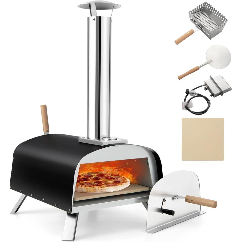 image:imageGiantex Pizza Oven Outdoor Propane and Wood Fired Pizza Maker with 13 Pizza Stone Pizza Peel Gas Burner with Regulator Builtin Thermometer Portable Pizza Oven for Camping Backyard Party
