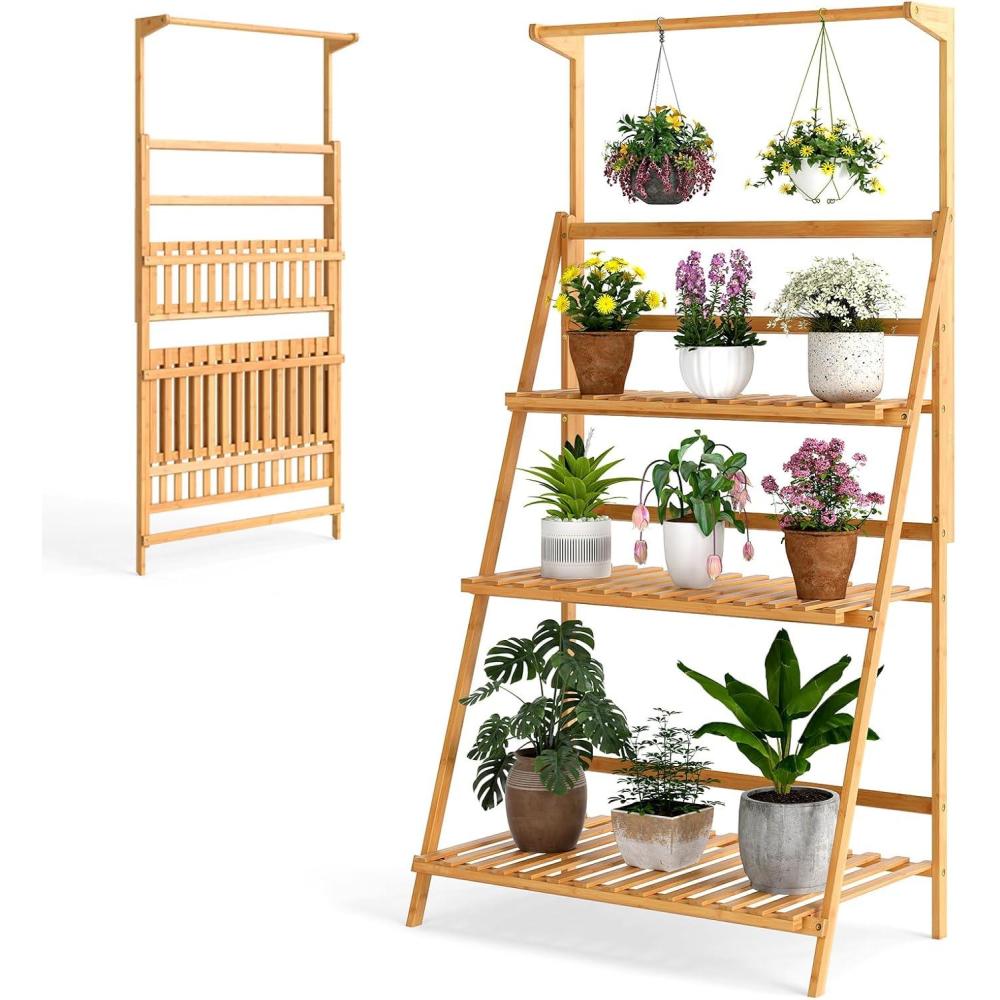 image:imageGiantex Plant Stand Indoor Outdoor Bamboo 3Tier Hanging Tall Ladder Flower Pot Display Organizer Rack wHeight Adjustable Rod Folding Plant Shelf Holder for Living Room Corner Patio Garden Balcony