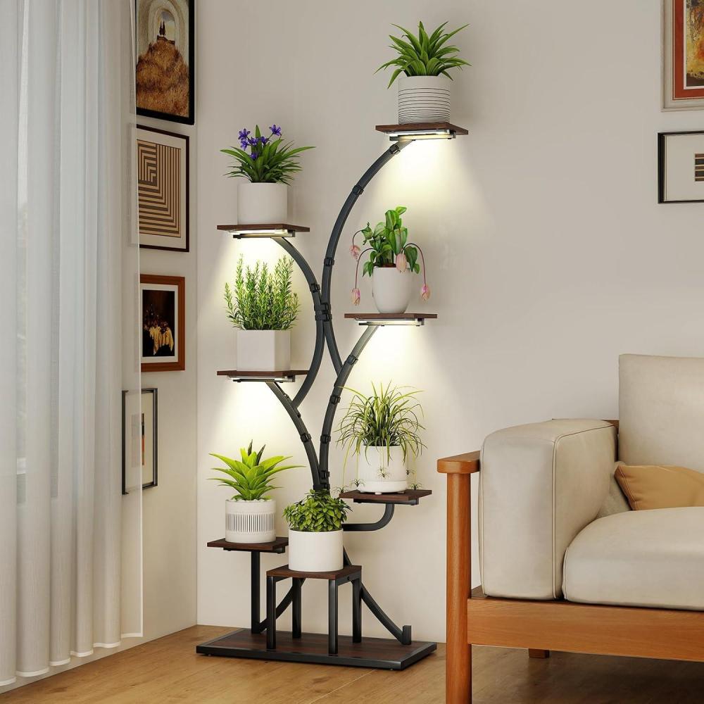 image:imageGiantex Plant Stand Indoor with Grow Lights 8Tier 58 Tall Corner Metal Plant Shelf for Multiple Plants Decorative Curved Flower Pot Display Rack for Living Room Home Balcony Patio 11 Pack