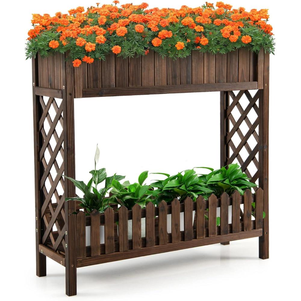 image:imageGiantex Planter Raised Bed Elevated Potted Plant Rack WShelf Fence Wooden Standing Plant Container Box wTrellis for Vegetable Flower Herb Succulent Indoor Outdoor Patio Balcony BrownBrown