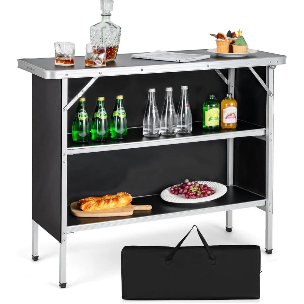 image:imageGiantex Portable Bar Table for Events Folding Mobile Bartending Station with Storage Shelves Removable Privacy Skirt Carrying Case for Parties Catering Trade Shows Coffee 435L x 345HBlack