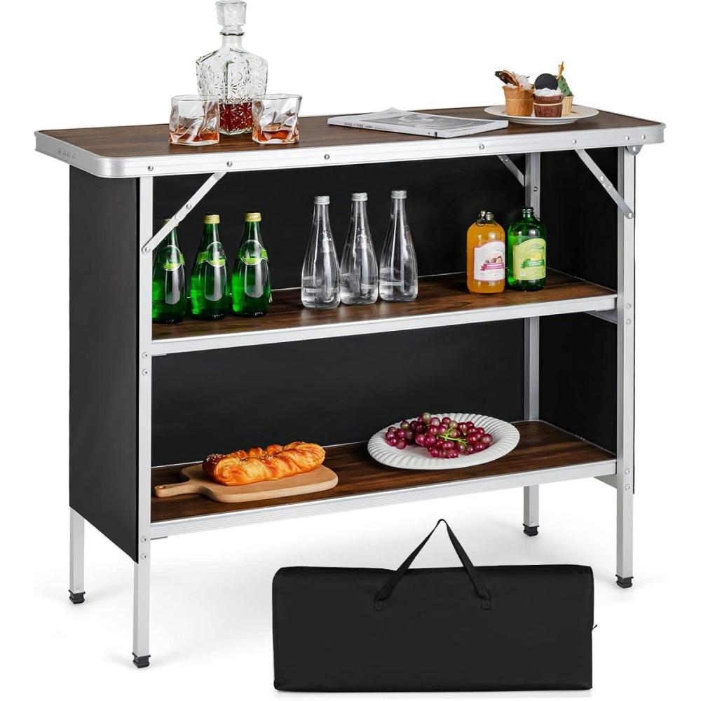 image:imageGiantex Portable Bar Table for Events Folding Mobile Bartending Station with Storage Shelves Removable Privacy Skirt Carrying Case for Parties Catering Trade Shows Coffee 435L x 345HCoffee