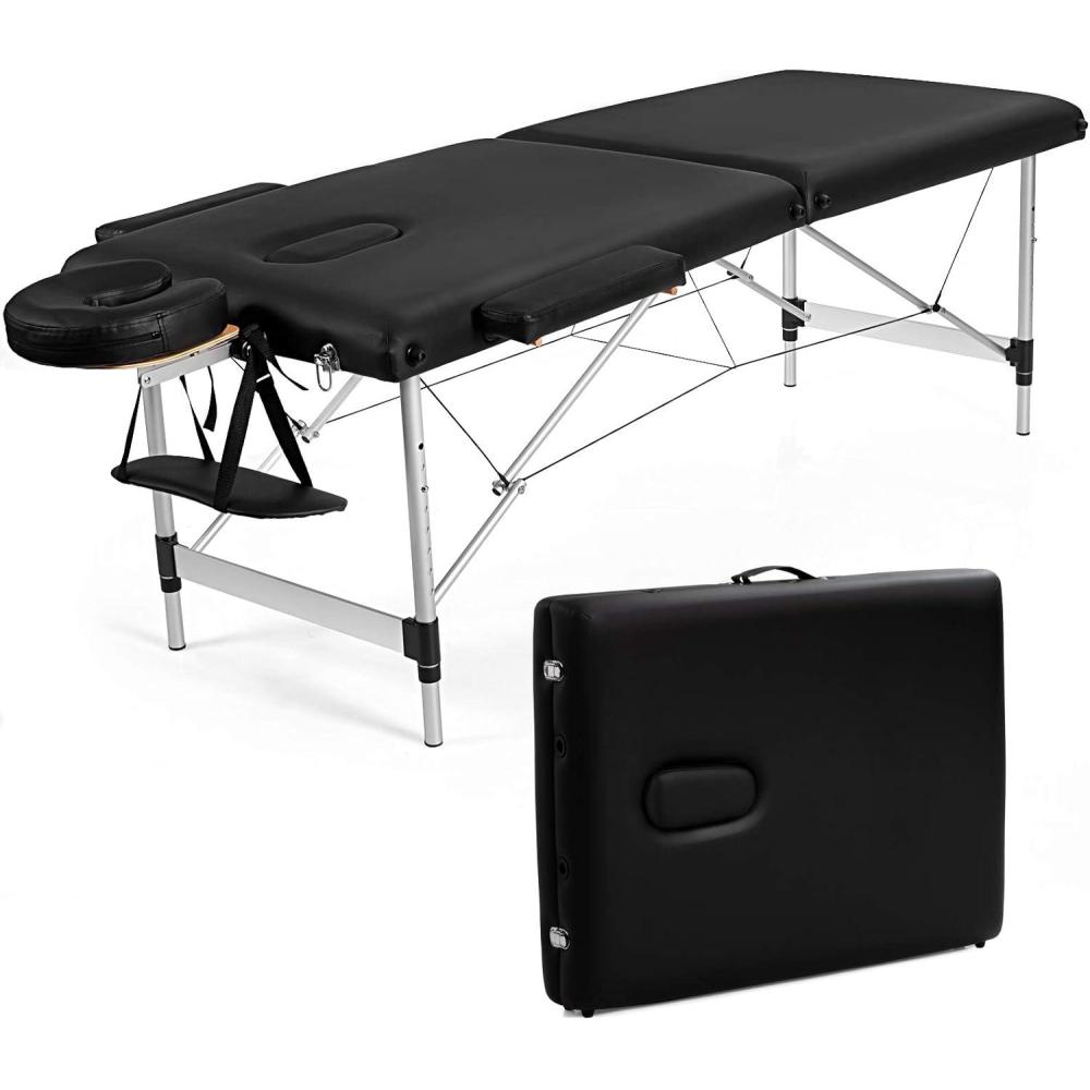 image:imageGiantex Portable Massage Table 84inch Folding Lash Bed Aluminium Frame Height Adjustable 2 Fold Professional Facial Salon Tattoo Massage Bed Face Cradle Armrests Headrest Carrying Bag Black