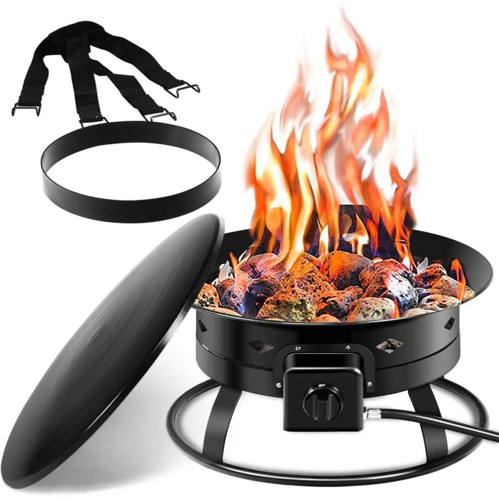 image:imageGiantex Portable Propane Fire Pit 19 Outdoor Firepit 58000BTU Fire Bowl wCover amp Carry KitLava Rock Stone amp Tank Stabilizer Ring Gas Fire Pit for Outside CampingPatio Backyard Black