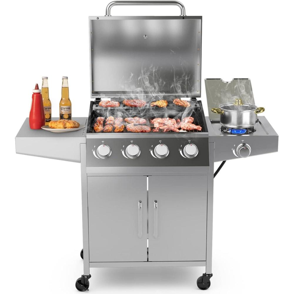 image:imageGiantex Propane Gas Grill with 4 Main Burners and 1 Side Burner total 50000 BTU Stainless Steel HeavyDuty BBQ Grill with 2 Prep Tables 4 Wheels Cabinet for Propane Tank Outdoor Cooking