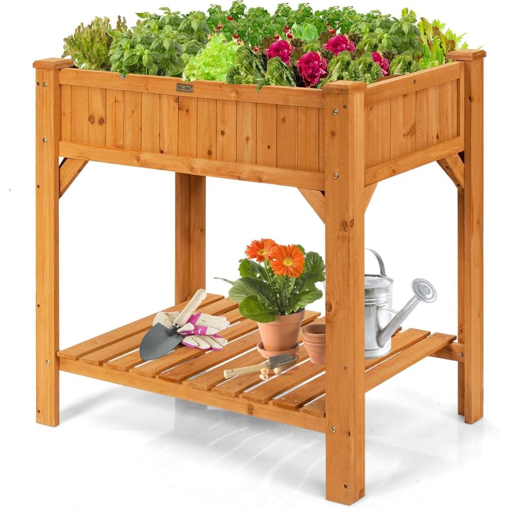 image:imageGiantex Raised Garden Bed Elevated Planter Box Kit with 8 Grids amp Liner for Herbs Vegetables Flowers Outdoor Solid Fir Wood Planting Container with Legs amp Storage Shelf for Backyard Patio NaturalNatural