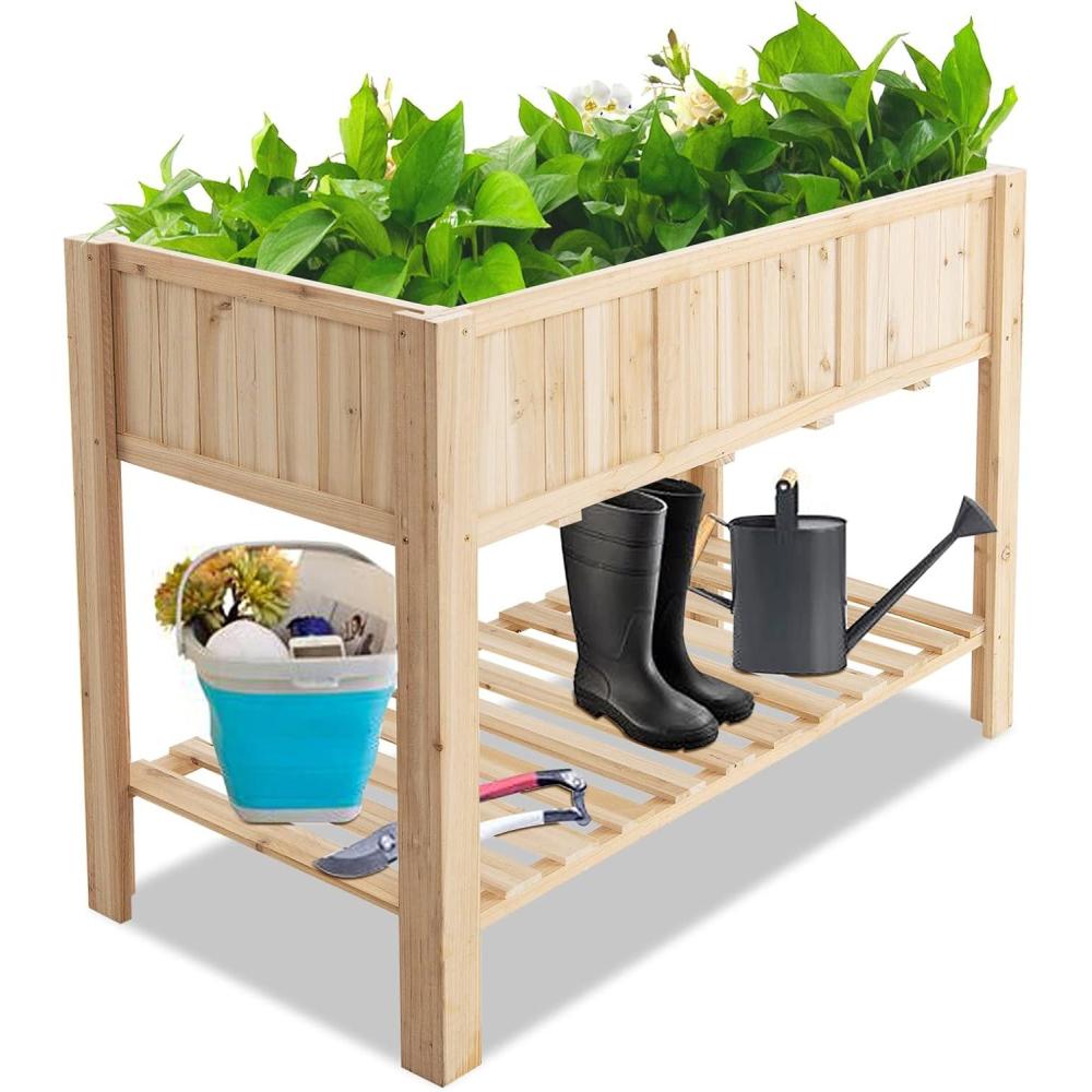 image:imageGiantex Raised Garden Bed Elevated Wood Planter Box Standing Garden Bed Kit wLegs amp Storage Shelf for Vegetable Flower Herb Outdoor Use for Patio Backyard Natural47Lx 23Wx 35H