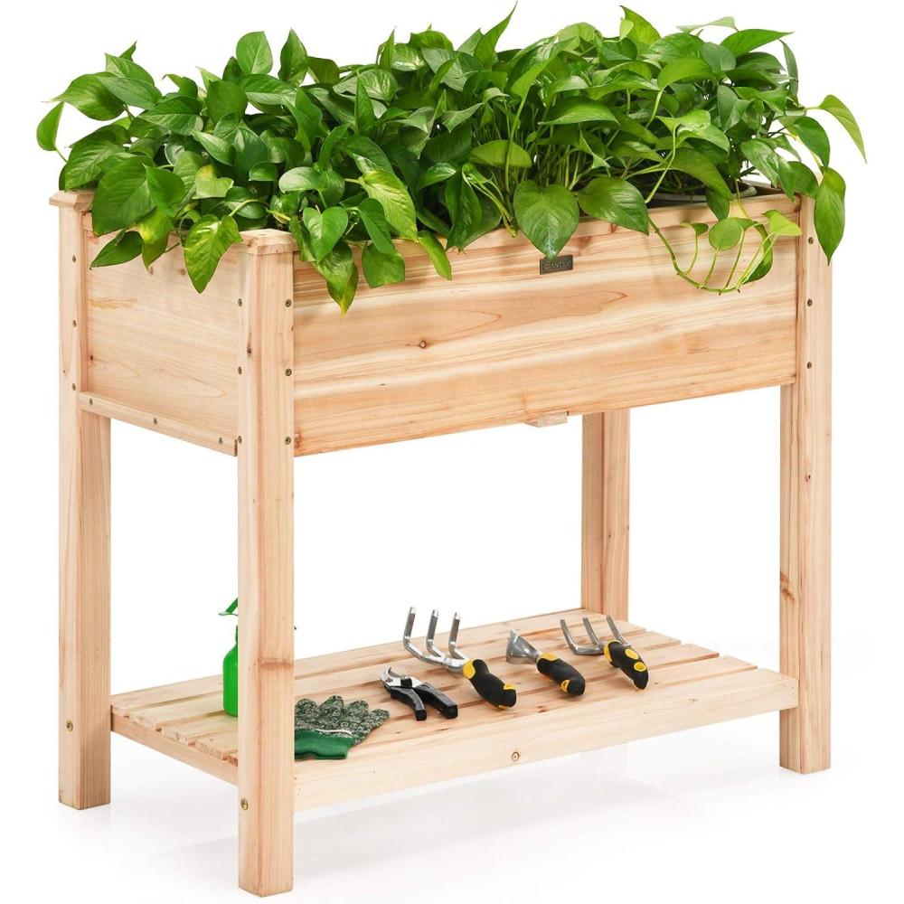 image:imageGiantex Raised Garden Bed Elevated Wood Planter Box Standing Garden Bed Kit wLegs amp Storage Shelf for Vegetable Flower Herb Outdoor Use for Patio Backyard Natural34Lx 18Wx 30H
