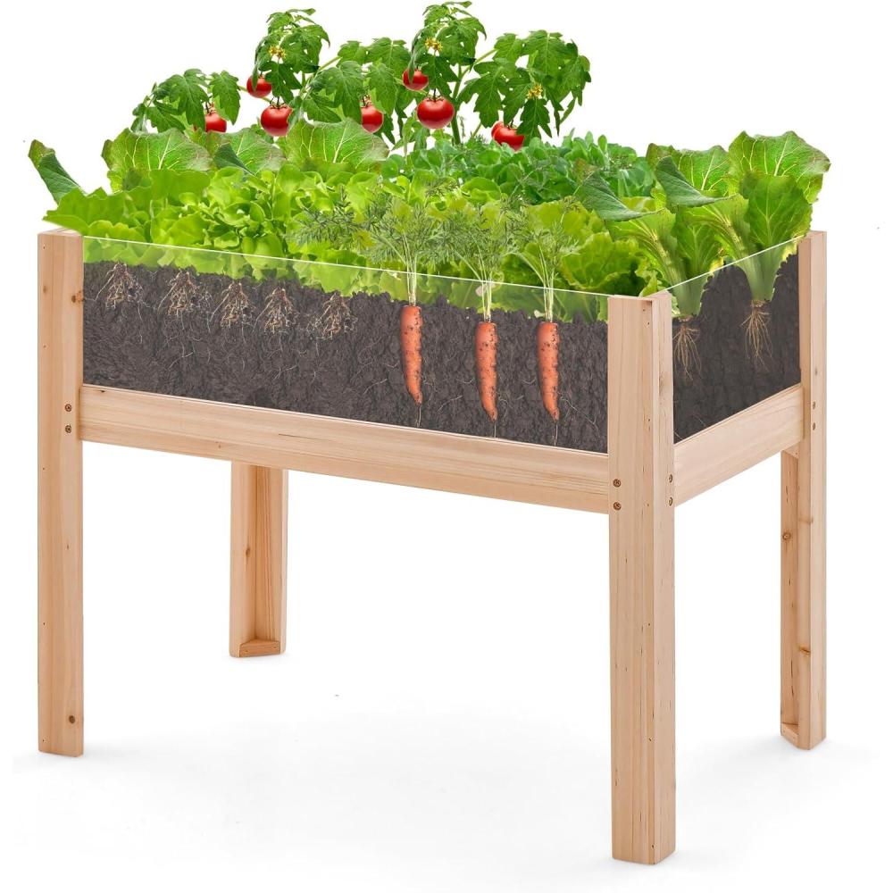 image:imageGiantex Raised Garden Bed Elevated Wood Planter Box Standing Garden Bed Kit wLegs amp Storage Shelf for Vegetable Flower Herb Outdoor Use for Patio Backyard Natural30x18x24