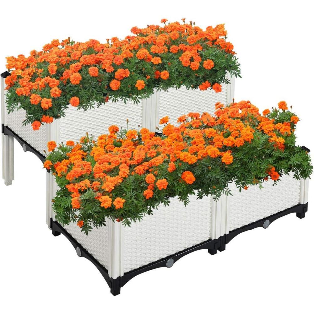 image:imageGiantex Raised Garden Bed Set of 4 Planter Raised Beds Kits with Drain Holes for Fruit Flowers Vegetables Outdoor Elevated Planting Box for Lawn Patio Balcony Easy Assembly RattanLike Look WhiteWhite