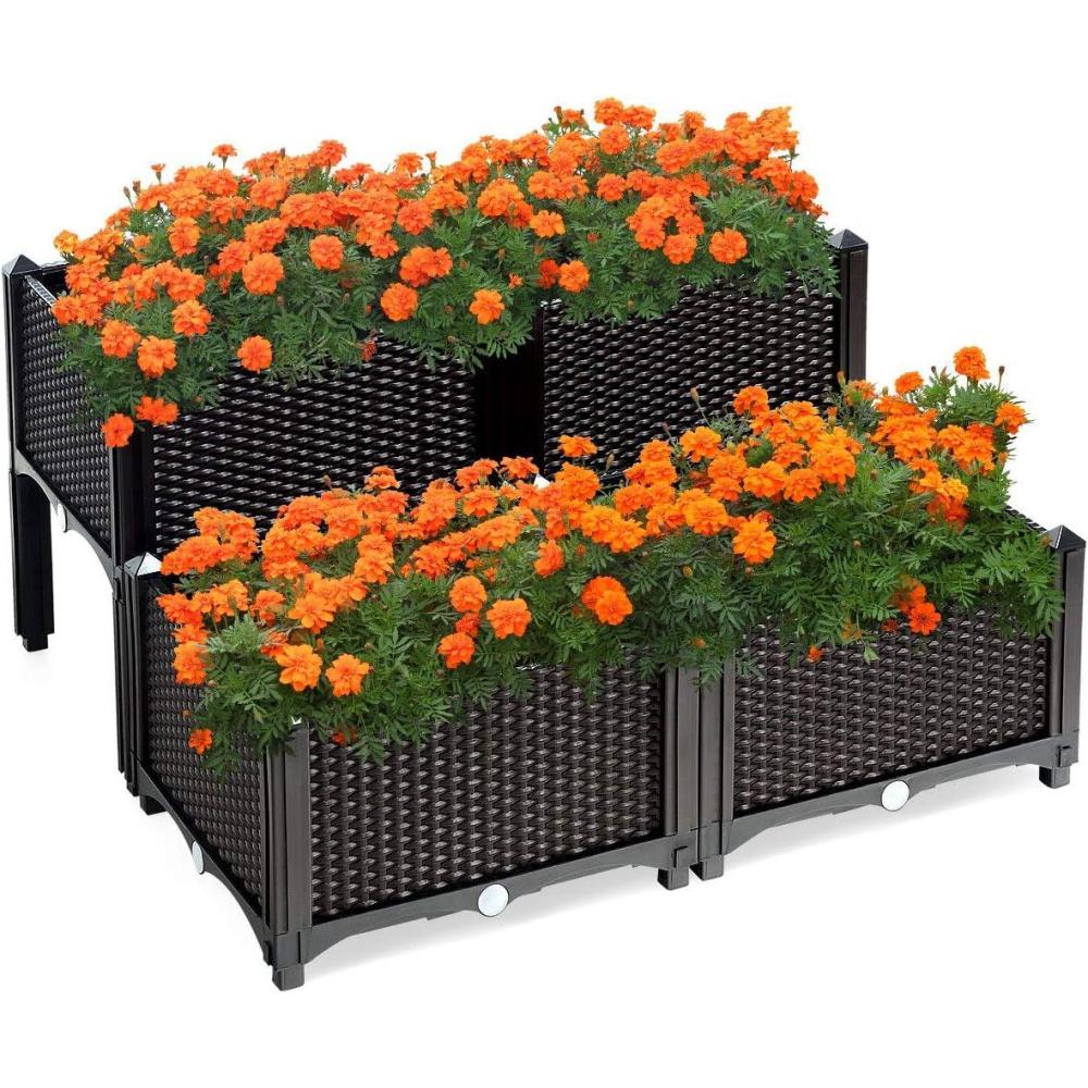 image:imageGiantex Raised Garden Bed Set of 4 Planter Raised Beds Kits with Drain Holes for Fruit Flowers Vegetables Outdoor Elevated Planting Box for Lawn Patio Balcony Easy Assembly RattanLike Look WhiteBrown