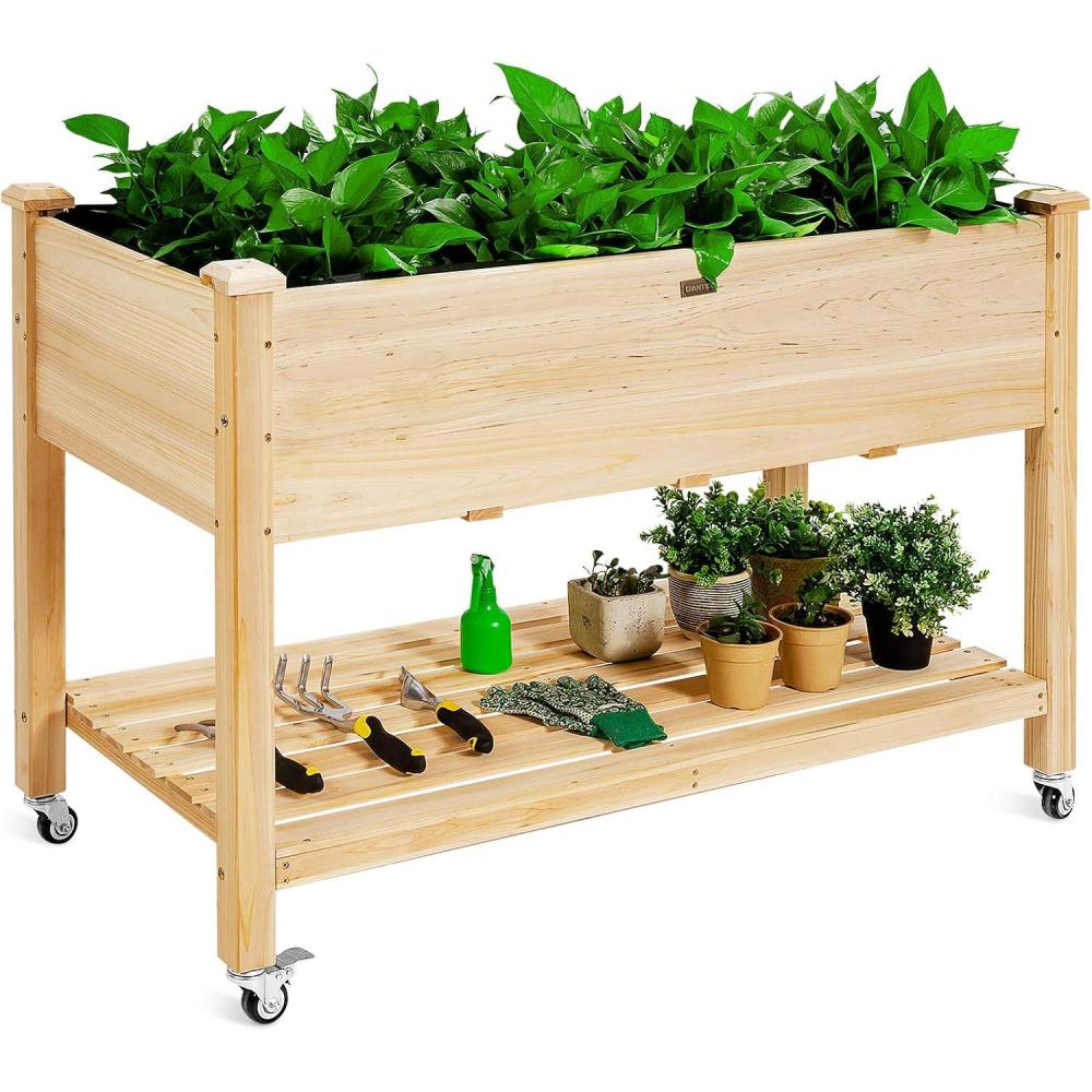 image:imageGiantex Raised Garden Bed on Wheels Wood Planter Box with Legs Liner Drain Holes Elevated Garden Bed for Vegetables Standing Garden Container for Backyard Patio 475 LX 235 WX 33 H475x235x33