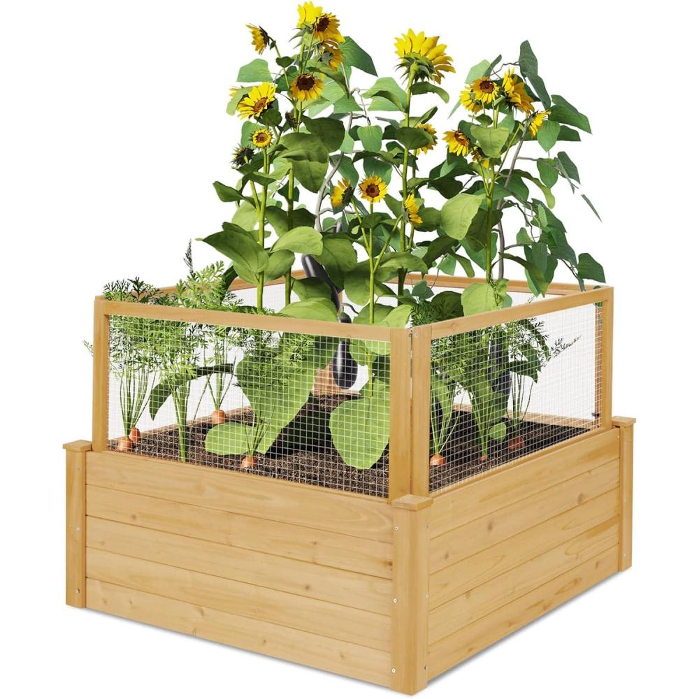 image:imageGiantex Raised Garden Bed with Fence Wood Planter Raised Bed with Critter Guard Fence 9 Grids Plant Container Outdoor Plant Box for Garden Patio Backyard Balcony 42 Lx42 Wx325 H42LX42WX325H