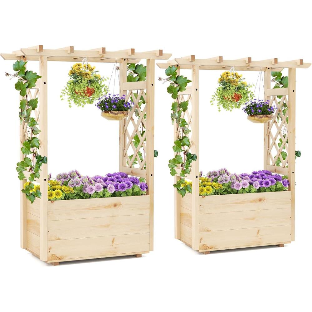 image:imageGiantex Raised Garden Bed with Sided Trellis amp Hanging Roof Wood Planter Box Freestanding Garden Planter Raised Bed for Flowers Herbs Climbing Vines 44x14x45 L x W x H2