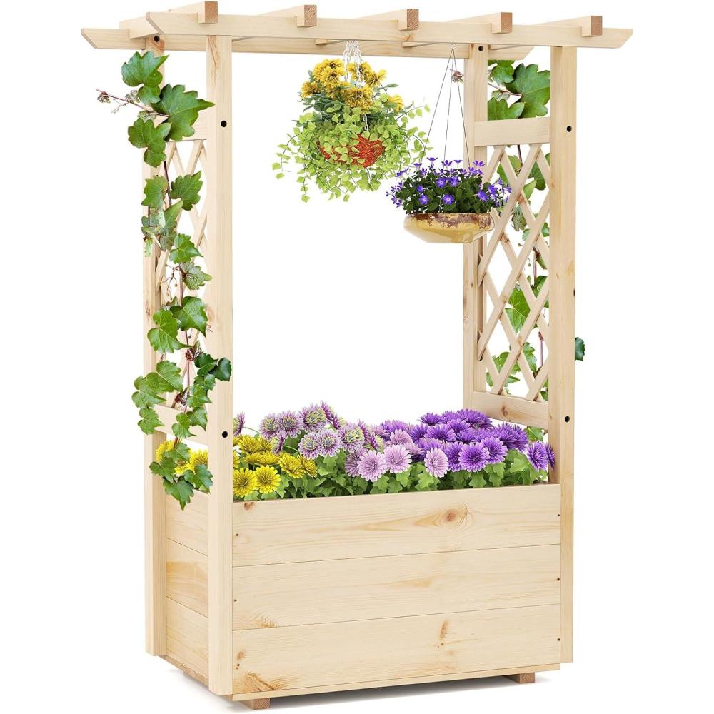 image:imageGiantex Raised Garden Bed with Sided Trellis amp Hanging Roof Wood Planter Box Freestanding Garden Planter Raised Bed for Flowers Herbs Climbing Vines 44x14x45 L x W x H1