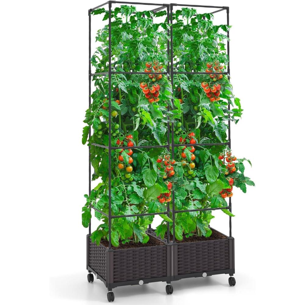 image:imageGiantex Raised Garden Bed with Tomato Cages 67 Adjustable Height Self Watering Planter Garden Box with Wheels Trellis for Climbing Plants Vegetable Flower2