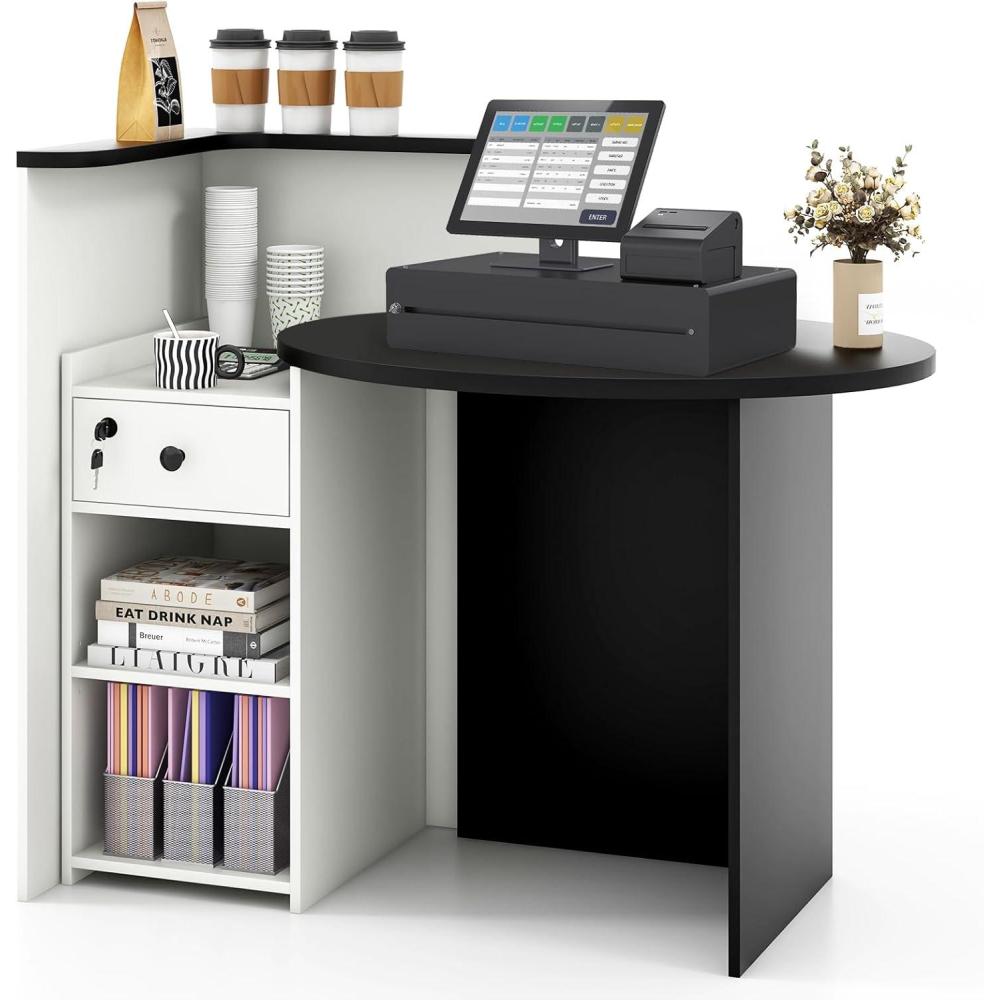 image:imageGiantex Reception Desk Front Counter Desk with Lockable Drawer Checkout Table with Round Tabletop Corner Shelf amp Adjustable Shelf for Office Beauty Salon Retail Store White amp BlackWhite Black