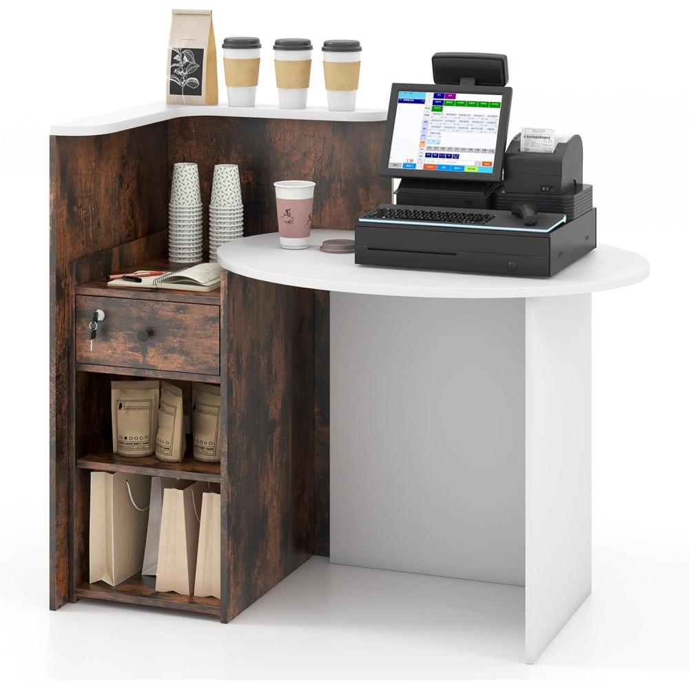 image:imageGiantex Reception Desk Front Counter Desk with Lockable Drawer Checkout Table with Round Tabletop Corner Shelf amp Adjustable Shelf for Office Beauty Salon Retail Store White amp BlackBrown White