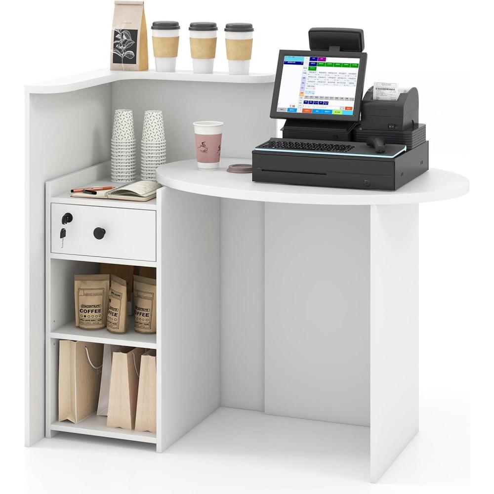 image:imageGiantex Reception Desk Front Counter Desk with Lockable Drawer Checkout Table with Round Tabletop Corner Shelf amp Adjustable Shelf for Office Beauty Salon Retail Store White amp BlackWhite