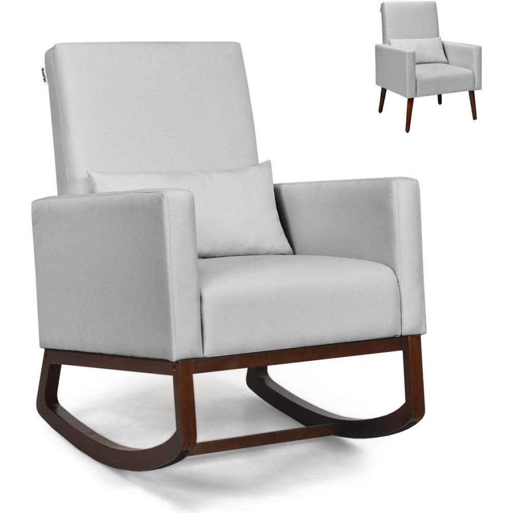 image:imageGiantex Rocking Chair Fabric High Back Armchair with Waist PillowWooden Tapered amp Rocking Dual Legs Multifunctional Upholstered Accent Chair for Nursery Living Room Bedroom Rocker1 BeigeSliver