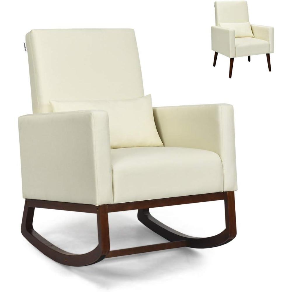image:imageGiantex Rocking Chair Fabric High Back Armchair with Waist PillowWooden Tapered amp Rocking Dual Legs Multifunctional Upholstered Accent Chair for Nursery Living Room Bedroom Rocker1 BeigeBeige