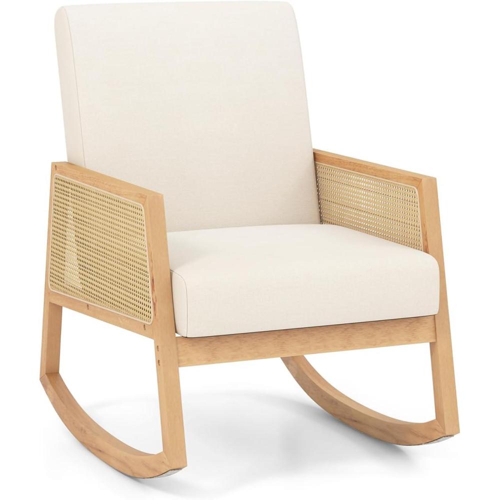 image:imageGiantex Rocking Chair Fabric Upholstered Glider Rocker Chair with Armrest Rattan Accent Armchair with Soft Padded Seat Max Load 330 Lbs Rocking Chair Nursery for Bedroom Living Room Reading