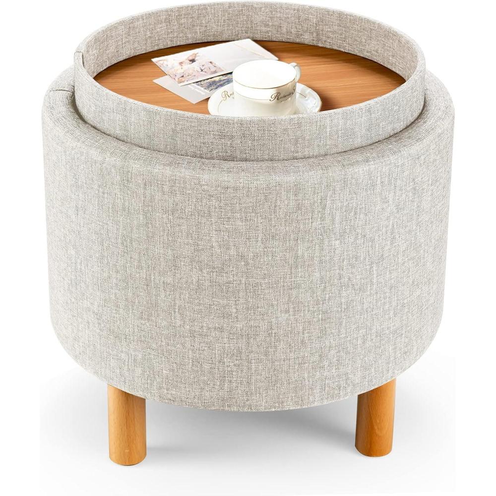 image:imageGiantex Round Storage Ottoman with Tray Lid Accent Storage Footstool wSoft Padding Fabric Sitting Stool wSolid Wood Legs amp NonSlip Pads Tray Top Coffee Table for Living Room Bedroom BeigeBeige