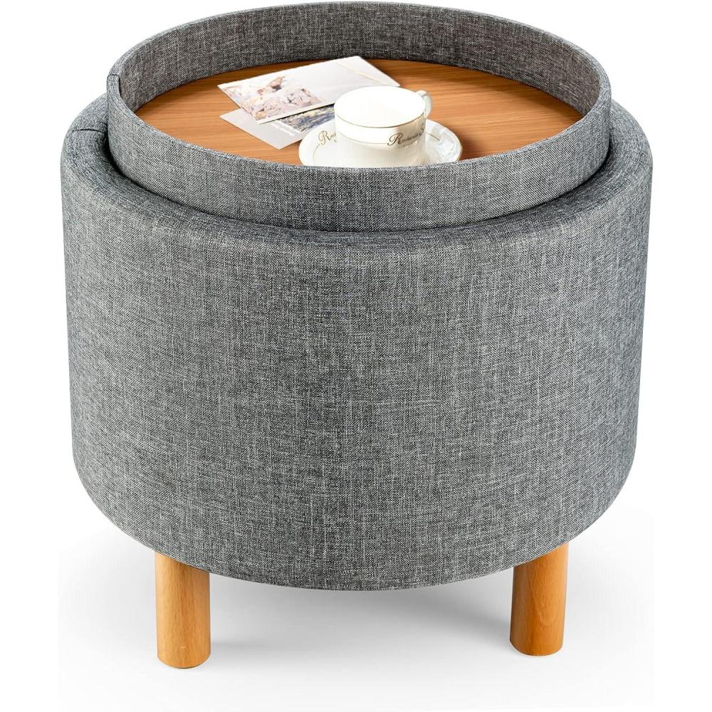 image:imageGiantex Round Storage Ottoman with Tray Lid Accent Storage Footstool wSoft Padding Fabric Sitting Stool wSolid Wood Legs amp NonSlip Pads Tray Top Coffee Table for Living Room Bedroom BeigeGrey