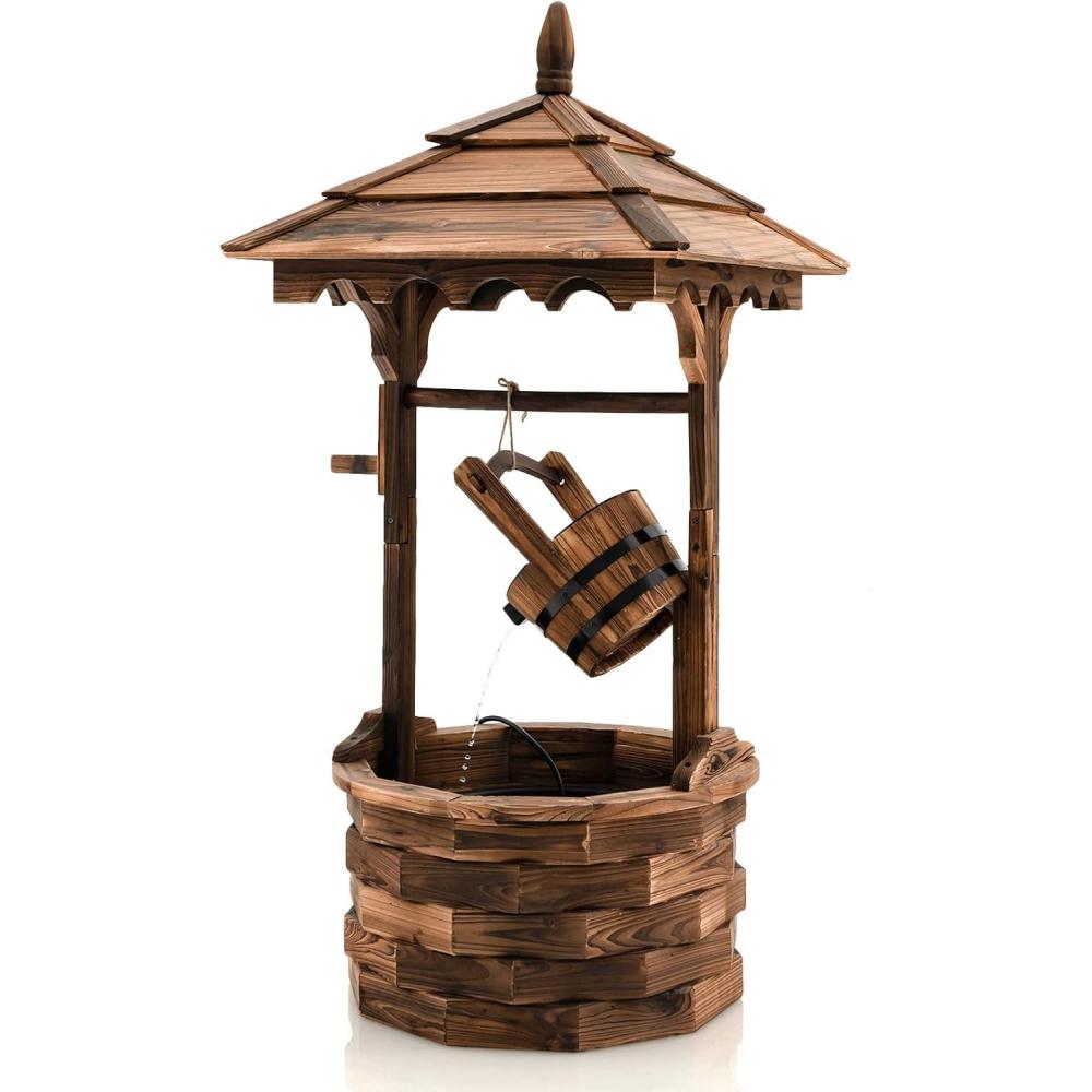 image:imageGiantex Rustic Wishing Well Fountain Outdoor Wooden Water Fountain with Electric Pump 5 Adjustable Water Flow Rates Water Bucket Freestanding Decorative Wishing Well for Backyard Patio Garden