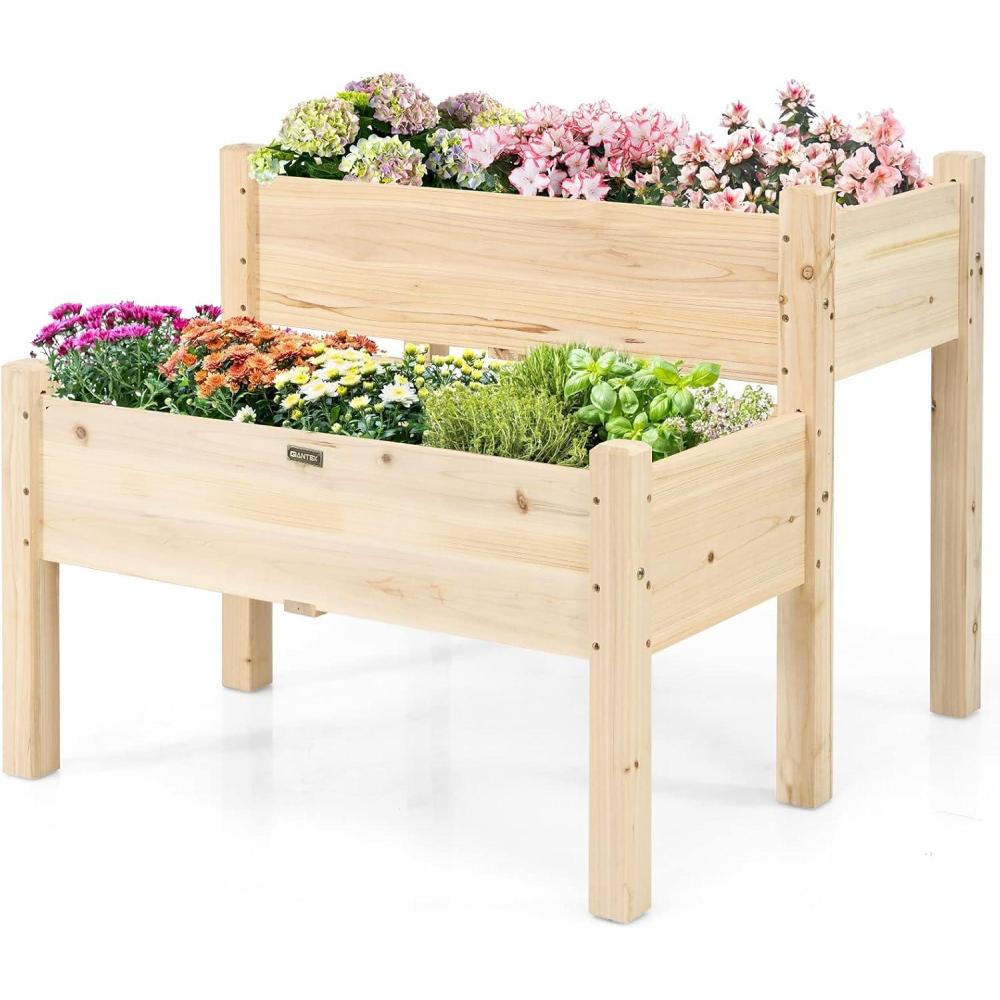 image:imageGiantex Set of 2 Raised Garden Bed Elevated Wood Planter Box Raised Bed Kit for Flowers Vegetables Fruits Herbs Outdoor Planting Container Patio Balcony Yard NaturalNatural