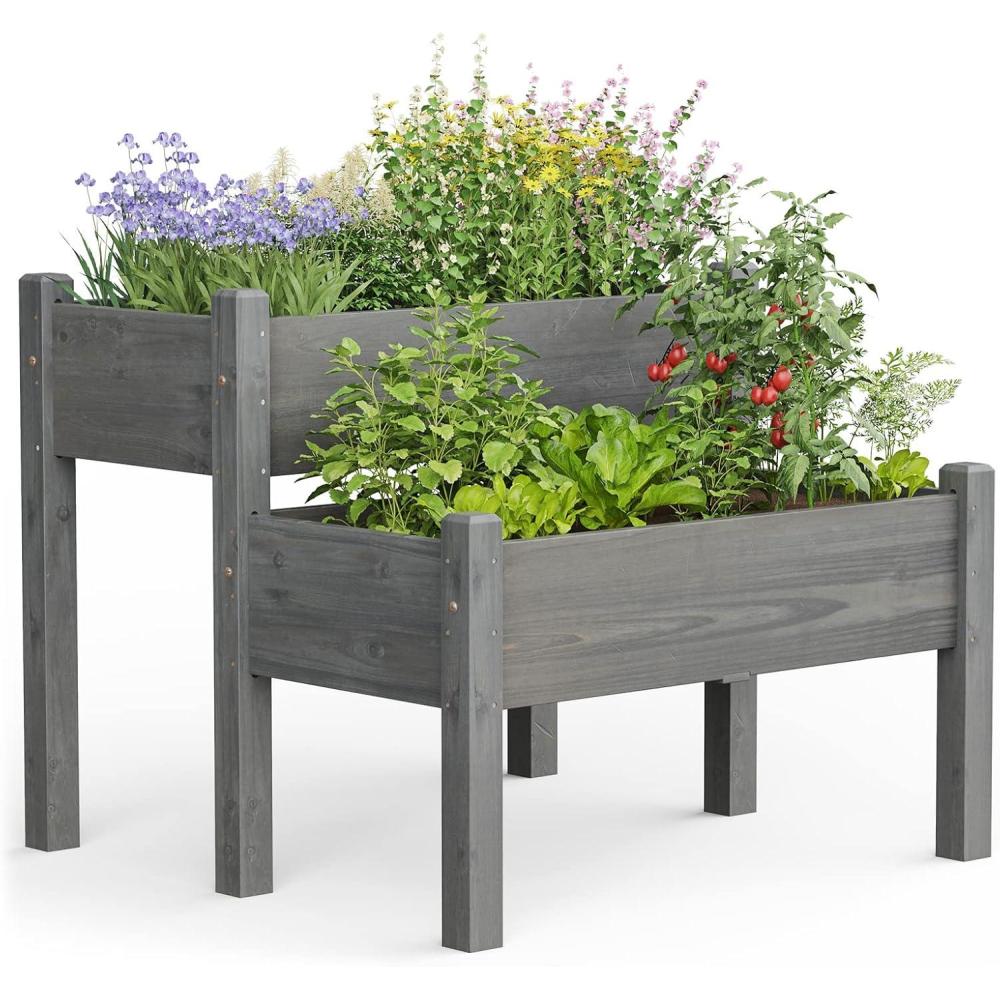 image:imageGiantex Set of 2 Raised Garden Bed Elevated Wood Planter Box Raised Bed Kit for Flowers Vegetables Fruits Herbs Outdoor Planting Container Patio Balcony Yard NaturalGray