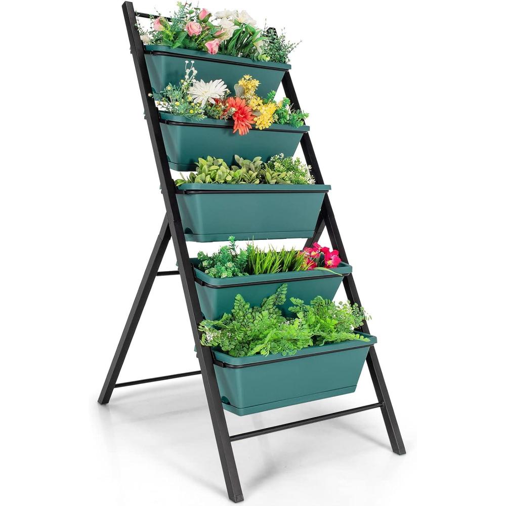 image:imageGiantex Set of 2 Vertical Planter Raised Bed Elevated Garden Beds with Water Drainage Hole Freestanding 5 Container Boxes for Herb Vegetables Flowers Growing Outdoor Indoor Patio BalconyGreen