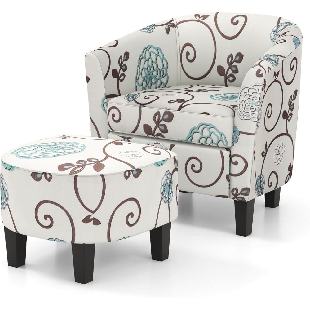 image:imageGiantex Small Accent Chair with Ottoman Set Upholstered Barrel Chair with Footrest Modern Accent Armchair with Ottoman Round Club Chair for Living Room Small Space Bedroom Blue FlowerBlue Flower