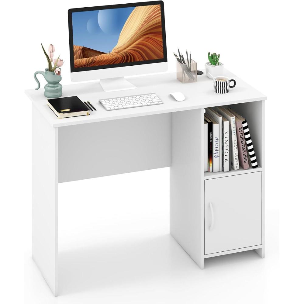 image:imageGiantex Small Computer Desk White Desk with Storage Cabinet amp Shelf Compact PC Laptop Table Workstation Makeup Vanity Table Modern Study Writing Desk for Small Space Bedroom Home Office