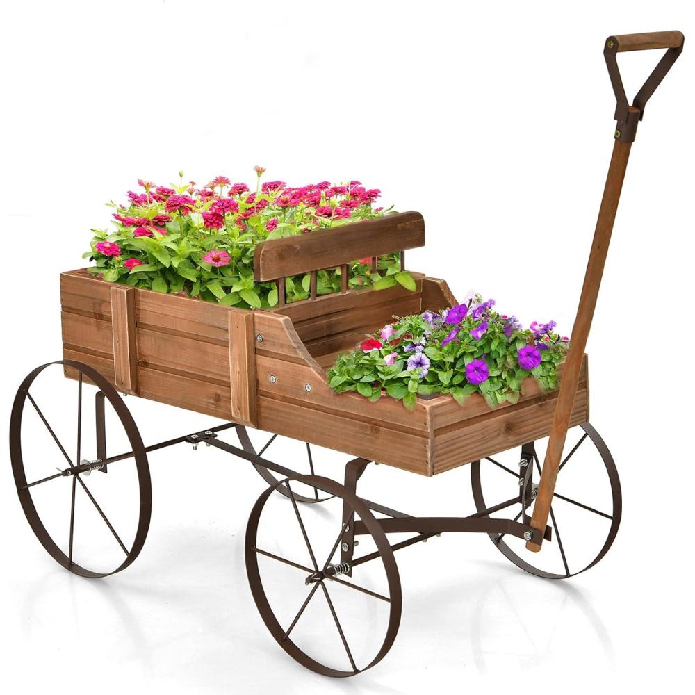image:imageGiantex Small Wagon Planters for Outdoor Plants Decorative Garden Bed with Metal Wheels Wood Raised Beds Plant Pot Stand for Backyard Garden Patio 245x135x24 GreenNatural