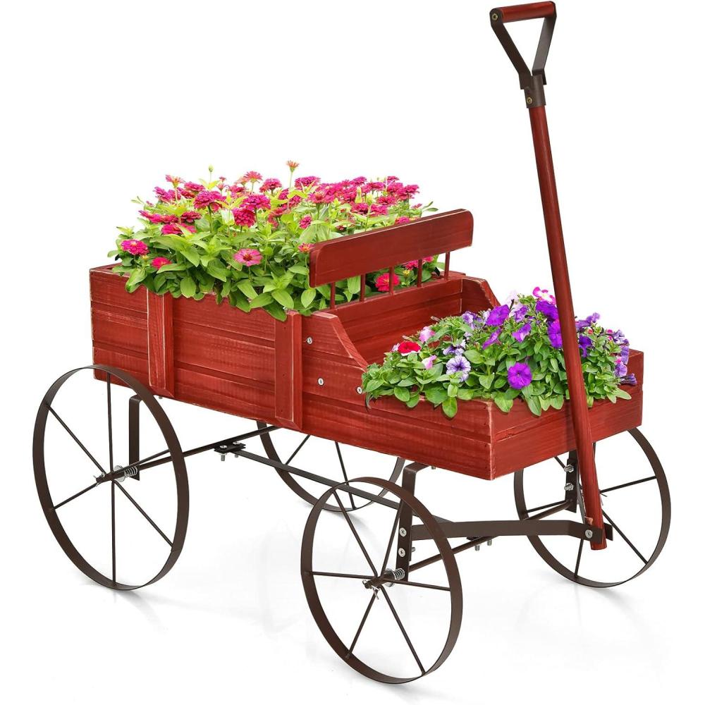 image:imageGiantex Small Wagon Planters for Outdoor Plants Decorative Garden Bed with Metal Wheels Wood Raised Beds Plant Pot Stand for Backyard Garden Patio 245x135x24 GreenRed