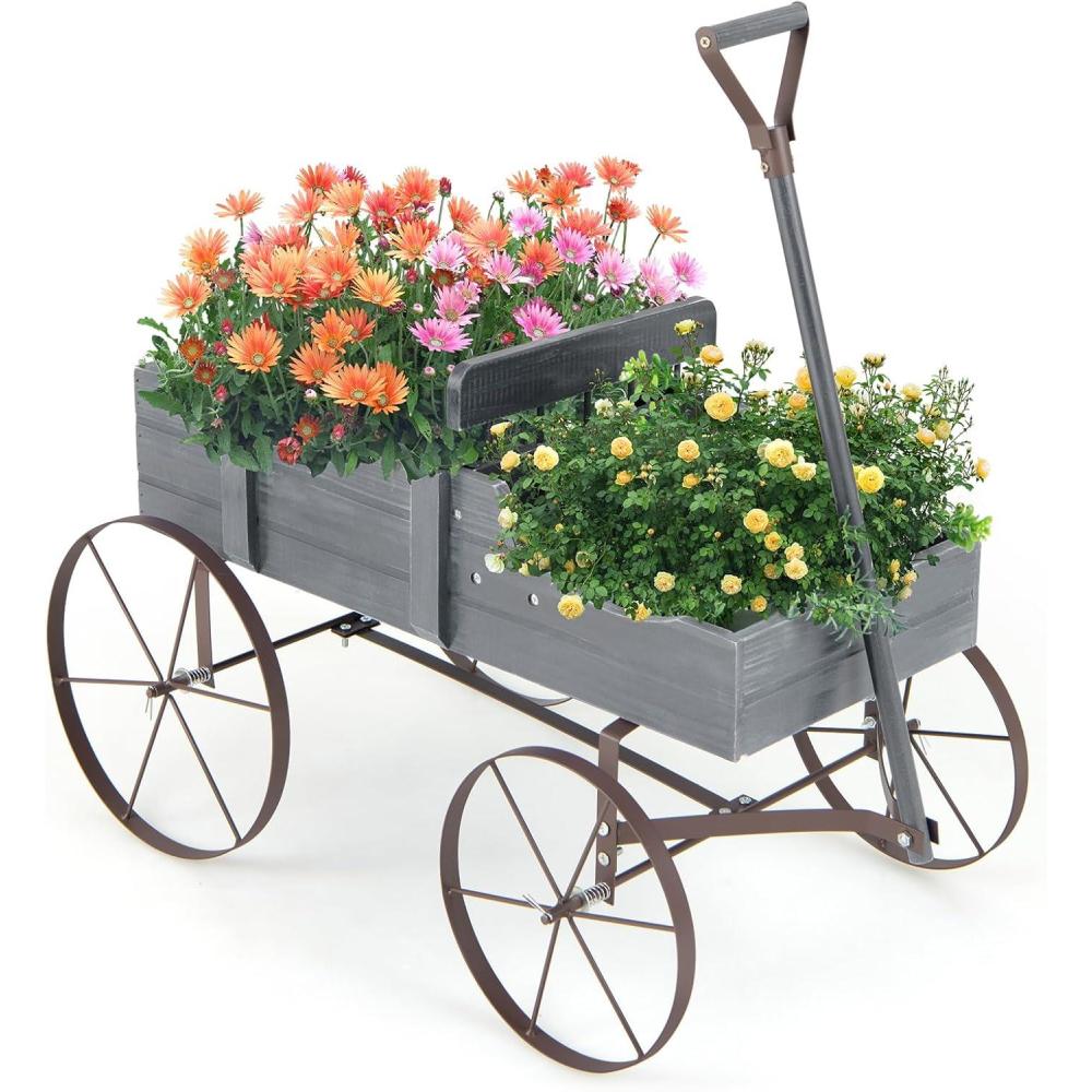 image:imageGiantex Small Wagon Planters for Outdoor Plants Decorative Garden Bed with Metal Wheels Wood Raised Beds Plant Pot Stand for Backyard Garden Patio 245x135x24 GreenGray